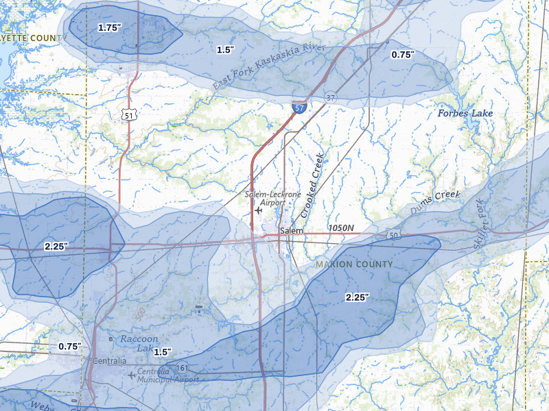 NEXRAD radar-signature map of the hail storm over Salem, IL on May 16, 2026