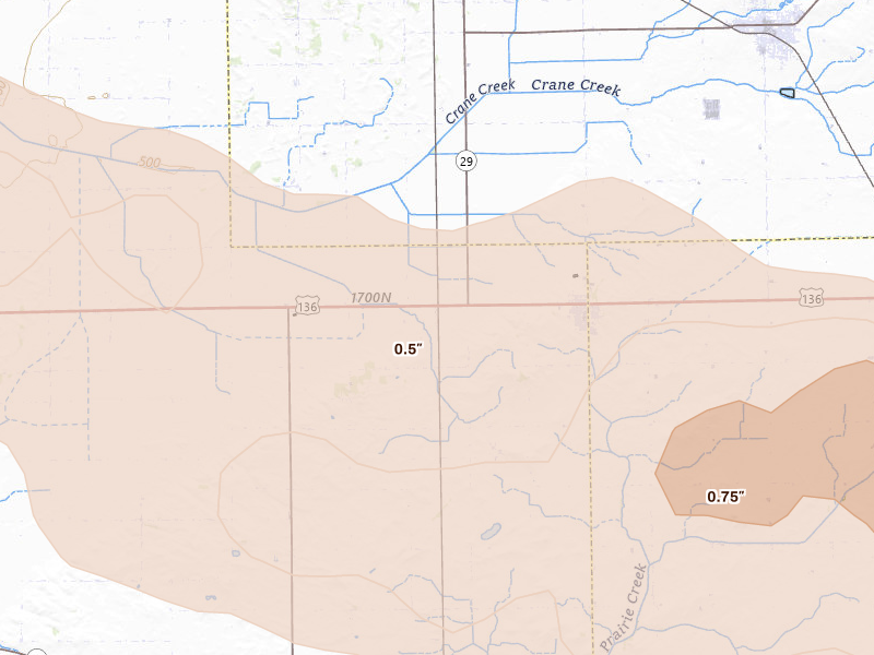 Radar-estimated hail-size map of the storm over San Jose, IL on May 4, 2026