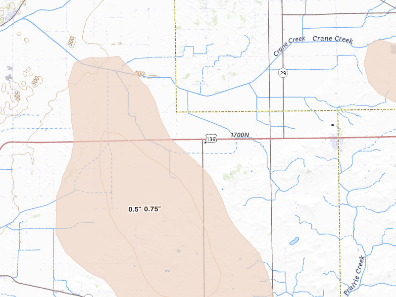 Radar-estimated hail-size map of the storm over San Jose, IL on Aug 21, 2026