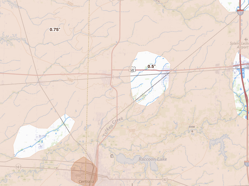 Radar-estimated hail-size map of the storm over Sandoval, IL on Apr 27, 2026