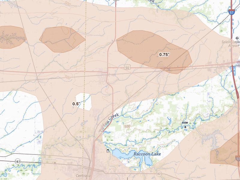 Radar-estimated hail-size map of the storm over Sandoval, IL on May 16, 2026