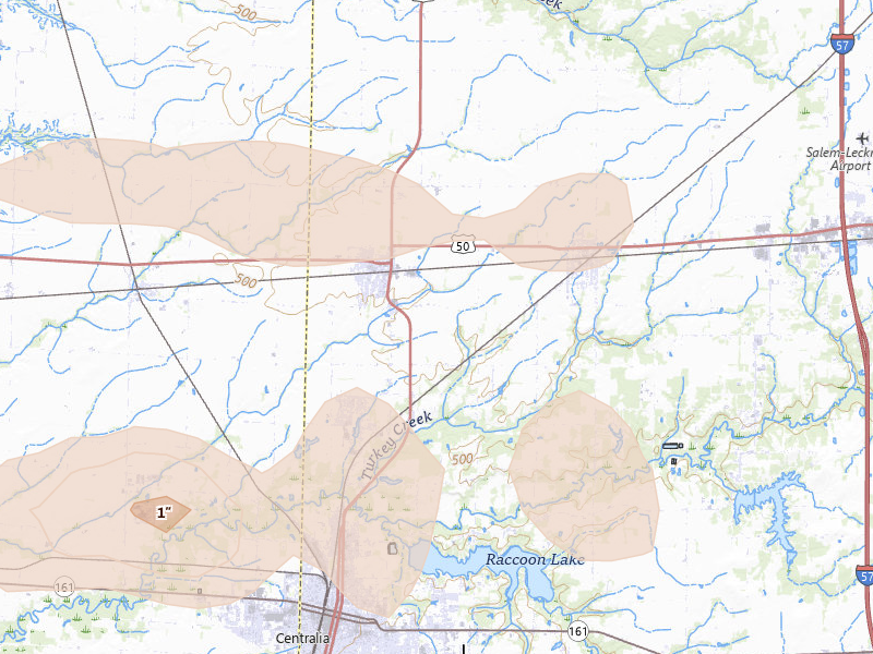 Radar-estimated hail-size map of the storm over Sandoval, IL on Jun 21, 2026