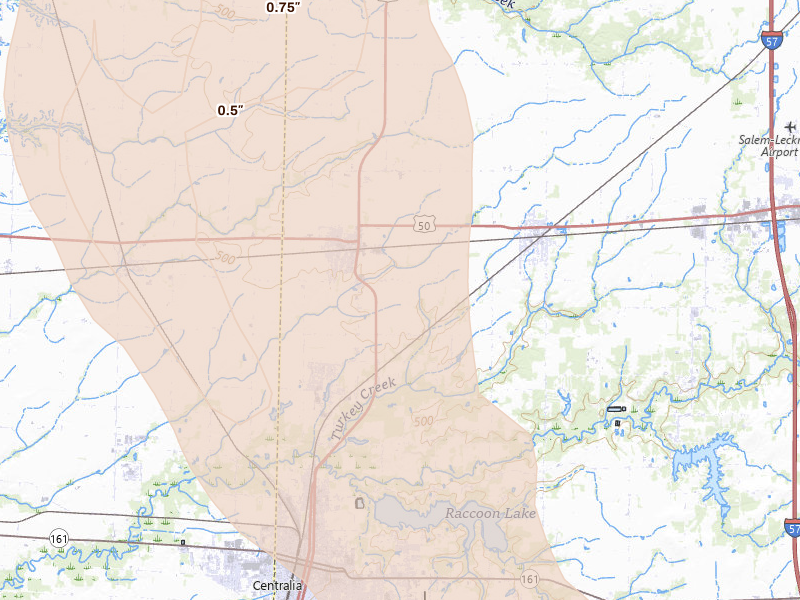 Radar-estimated hail-size map of the storm over Sandoval, IL on Aug 21, 2026