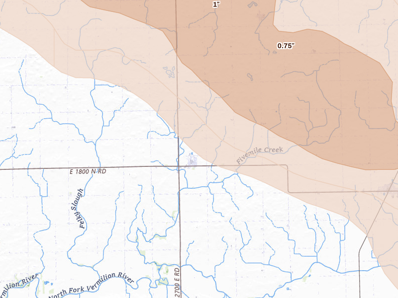 Radar-estimated hail-size map of the storm over Saunemin, IL on Aug 9, 2026