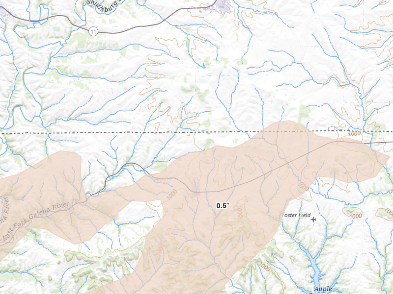 Radar-estimated hail-size map of the storm over Scales Mound, IL on Mar 10, 2026