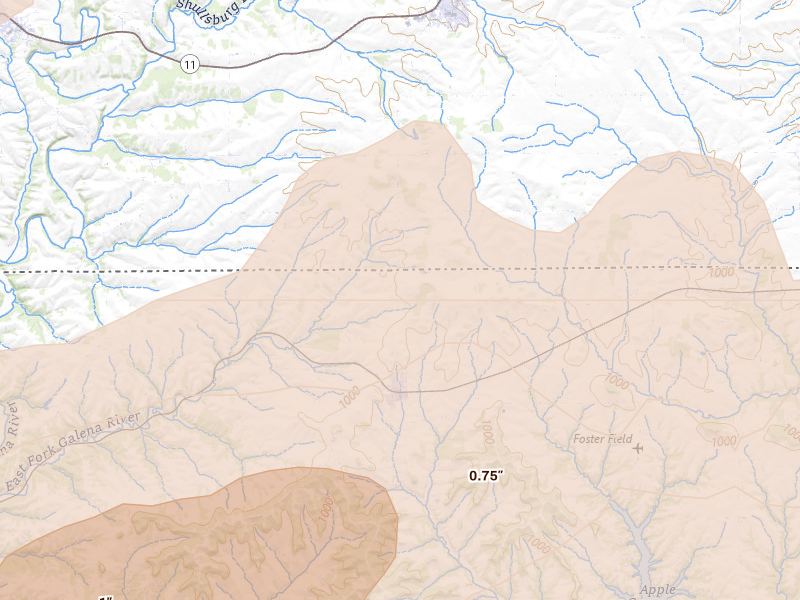 Radar-estimated hail-size map of the storm over Scales Mound, IL on Apr 17, 2026