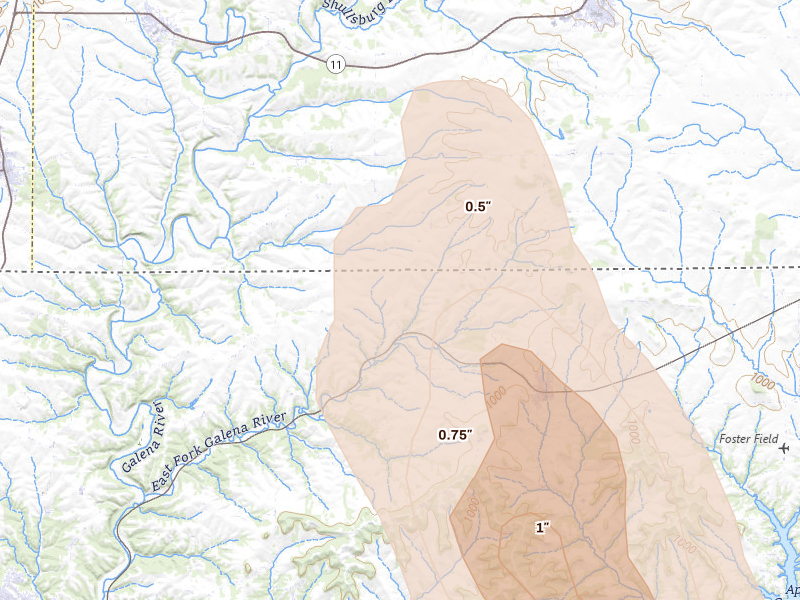 Radar-estimated hail-size map of the storm over Scales Mound, IL on Aug 21, 2026