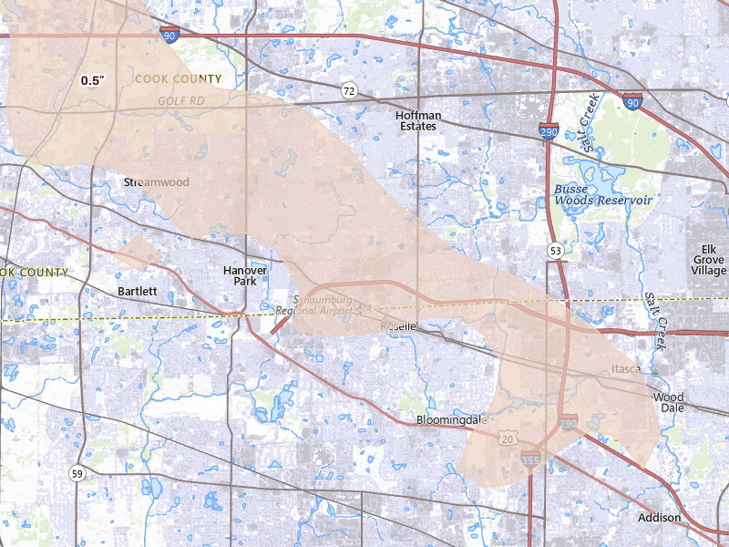 Radar-estimated hail-size map of the storm over Schaumburg, IL on Jun 24, 2026