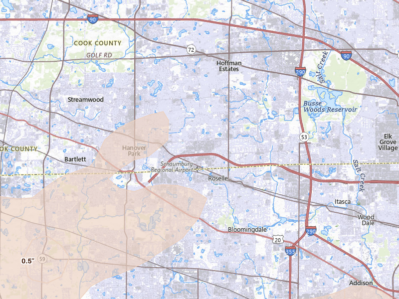 Radar-estimated hail-size map of the storm over Schaumburg, IL on Jul 2, 2026