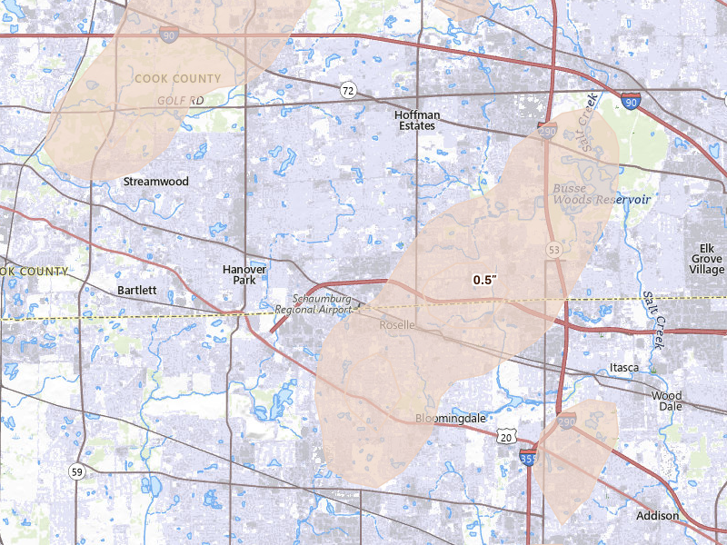 Radar-estimated hail-size map of the storm over Schaumburg, IL on Jul 3, 2026