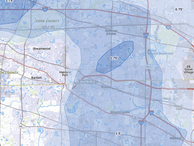 NEXRAD radar-signature map of the hail storm over Schaumburg, IL on Jul 3, 2026