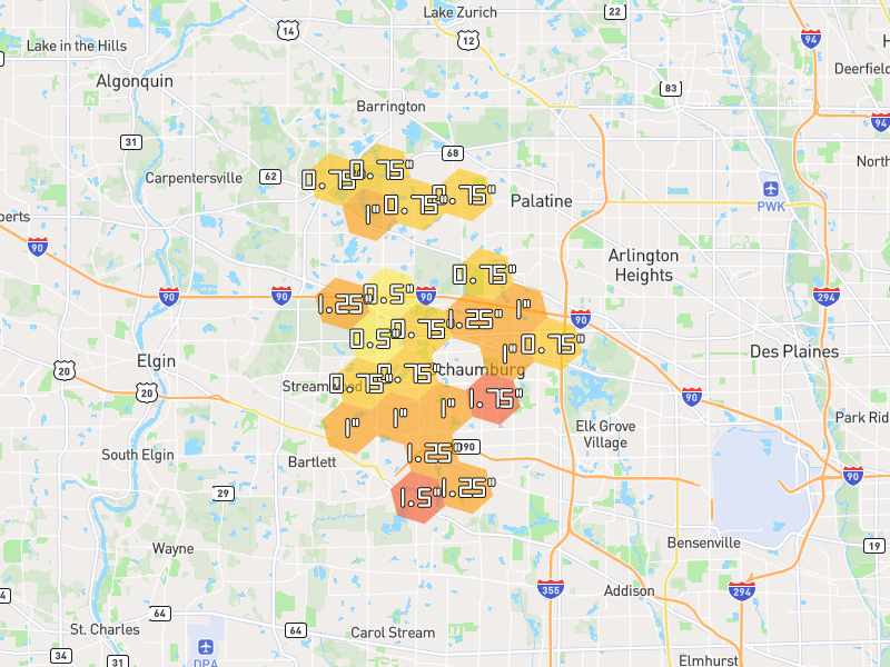 Hail map of Schaumburg, IL on Jul 3, 2026, hail up to 1.75"