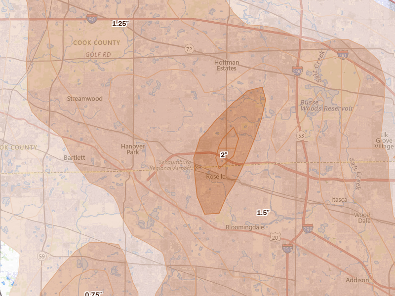 Radar-estimated hail-size map of the storm over Schaumburg, IL on Jul 27, 2026