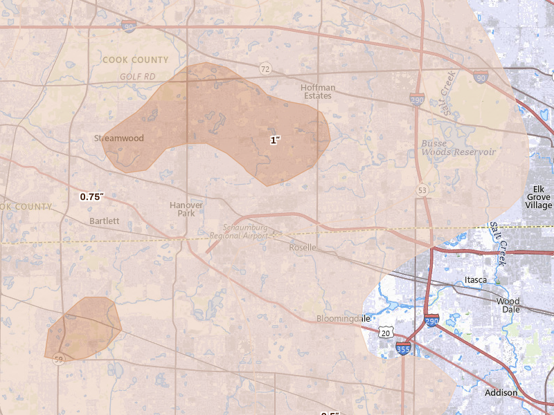 Radar-estimated hail-size map of the storm over Schaumburg, IL on Aug 9, 2026