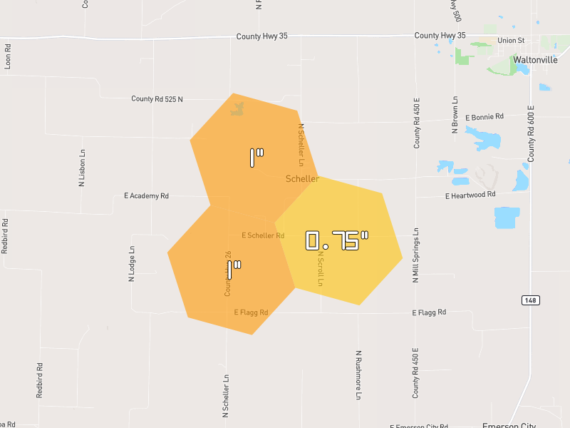 Hail map of Scheller, IL on Jun 1, 2026, hail up to 1"