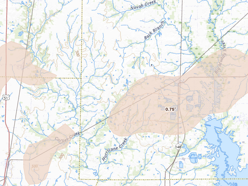 Radar-estimated hail-size map of the storm over Scheller, IL on Jul 4, 2026