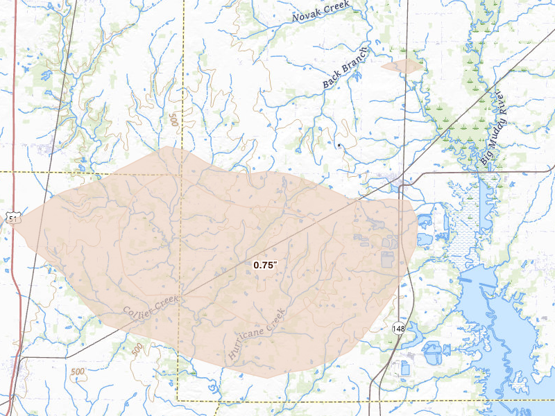 Radar-estimated hail-size map of the storm over Scheller, IL on Aug 12, 2026