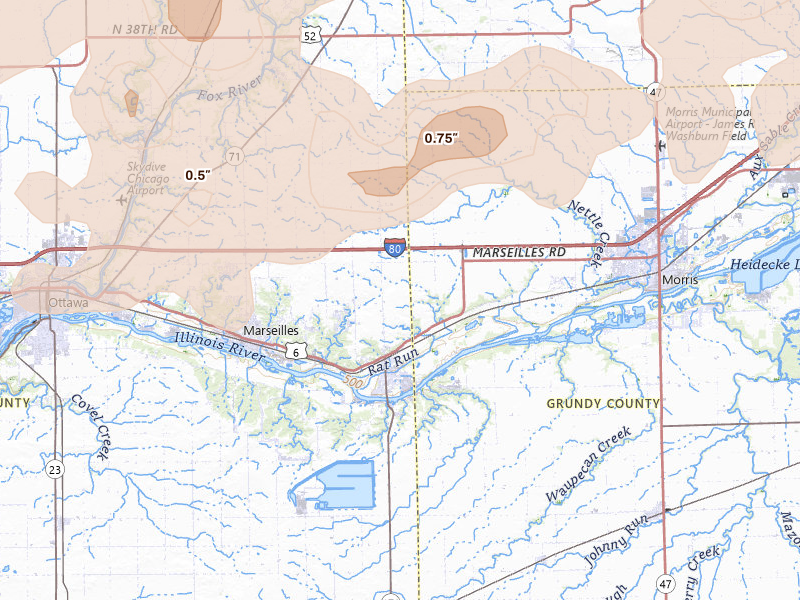Radar-estimated hail-size map of the storm over Seneca, IL on Mar 10, 2026
