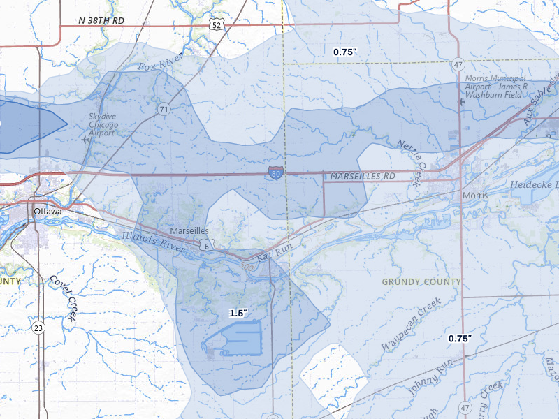 NEXRAD radar-signature map of the hail storm over Seneca, IL on May 4, 2026