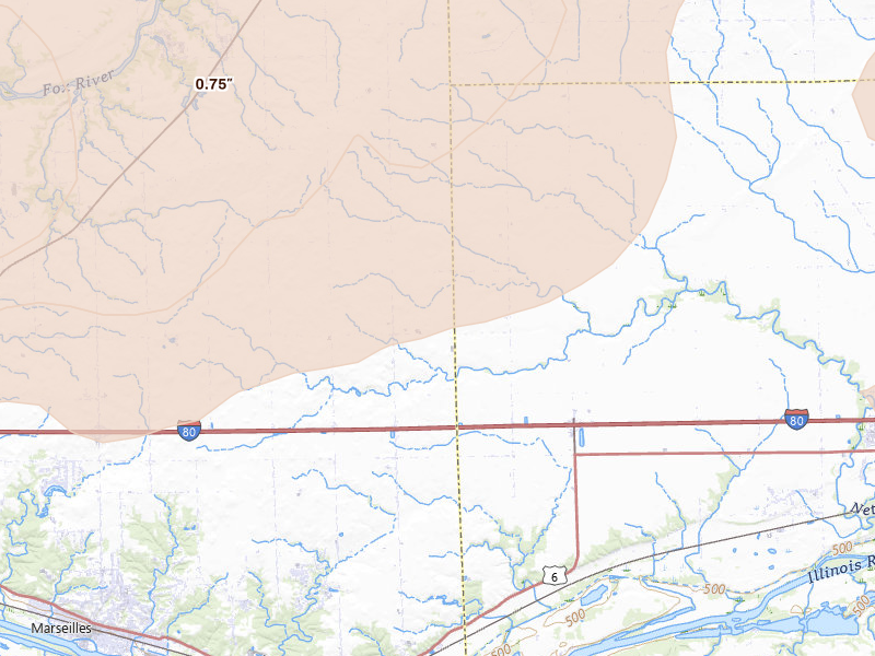 Radar-estimated hail-size map of the storm over Seneca, IL on Aug 11, 2026