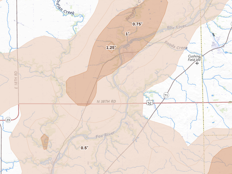 Radar-estimated hail-size map of the storm over Serena, IL on Mar 10, 2026