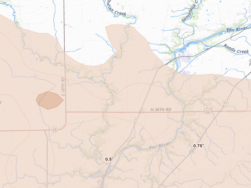 Radar-estimated hail-size map of the storm over Serena, IL on Aug 11, 2026