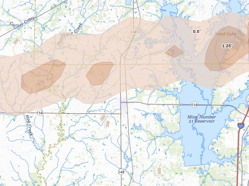 Radar-estimated hail-size map of the storm over Sesser, IL on Jun 16, 2026
