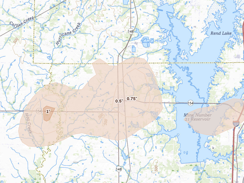 Radar-estimated hail-size map of the storm over Sesser, IL on Jul 8, 2026