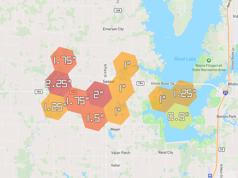 Hail map of Sesser, IL on Jul 8, 2026, hail up to 2.25"