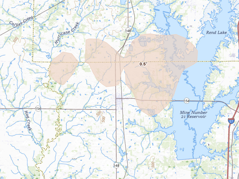 Radar-estimated hail-size map of the storm over Sesser, IL on Aug 16, 2026