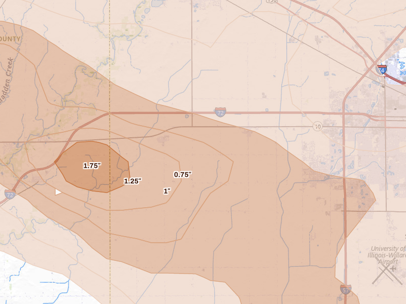 Radar-estimated hail-size map of the storm over Seymour, IL on Aug 11, 2026