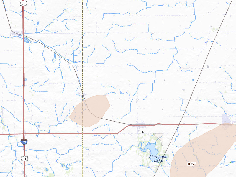 Radar-estimated hail-size map of the storm over Shabbona, IL on Jul 3, 2026