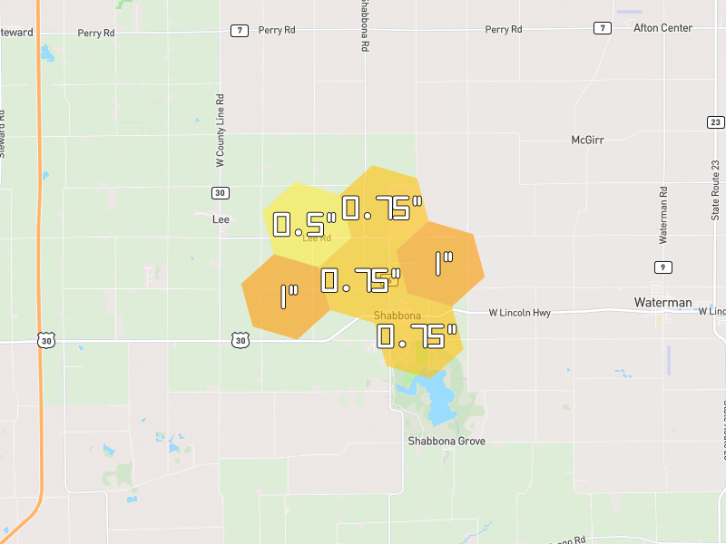 Hail map of Shabbona, IL on Jul 3, 2026, hail up to 1"
