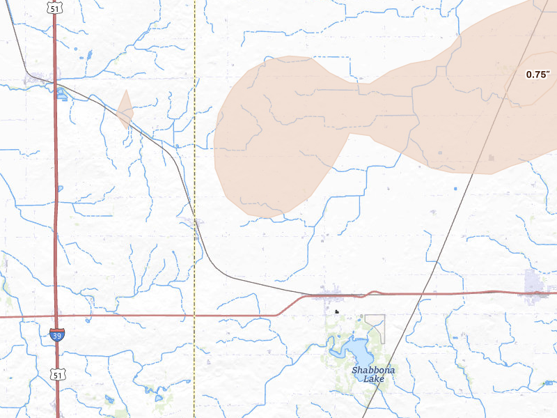 Radar-estimated hail-size map of the storm over Shabbona, IL on Jul 4, 2026