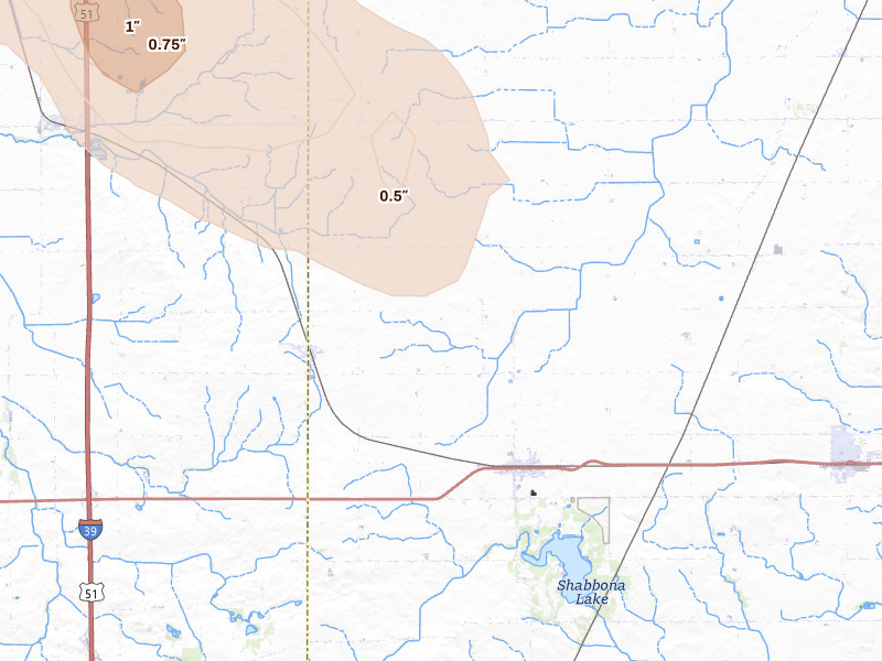 Radar-estimated hail-size map of the storm over Shabbona, IL on Aug 21, 2026
