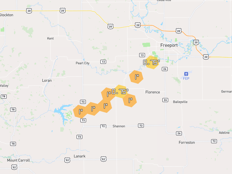 Hail map of Shannon, IL on Jul 3, 2026, hail up to 1"