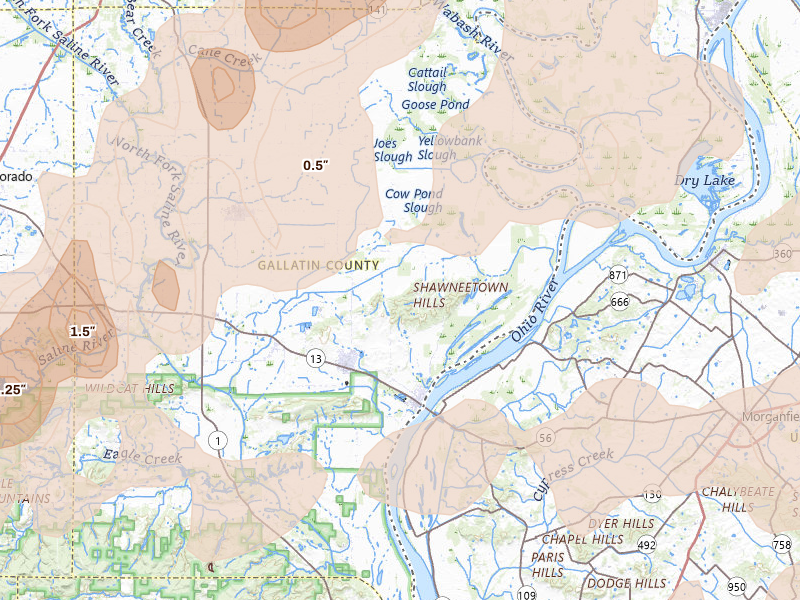 Radar-estimated hail-size map of the storm over Shawneetown, IL on Apr 27, 2026