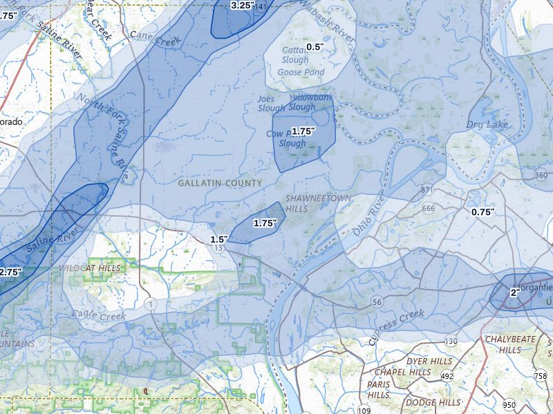 NEXRAD radar-signature map of the hail over Shawneetown, IL