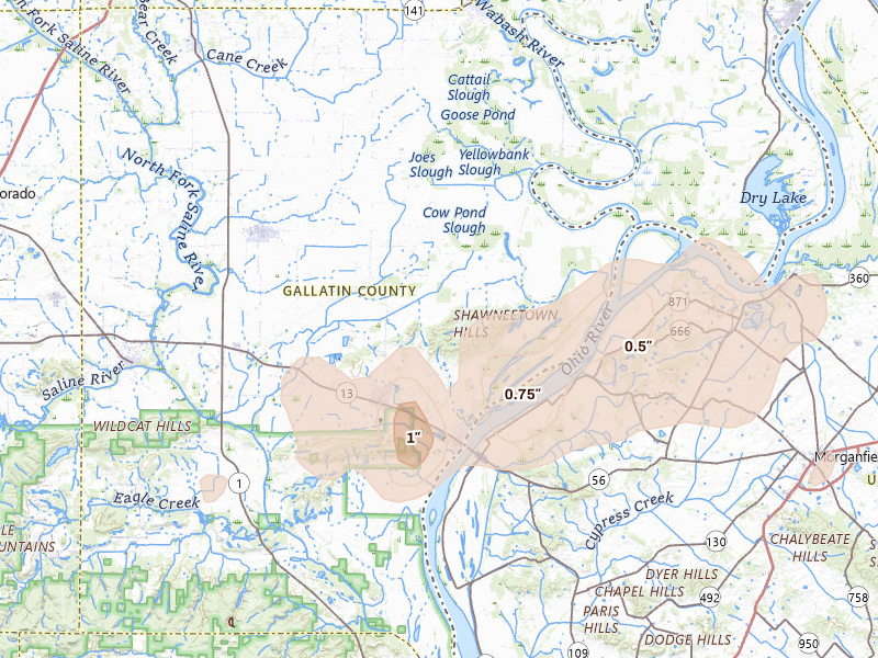 Radar-estimated hail-size map of the storm over Shawneetown, IL on May 18, 2026
