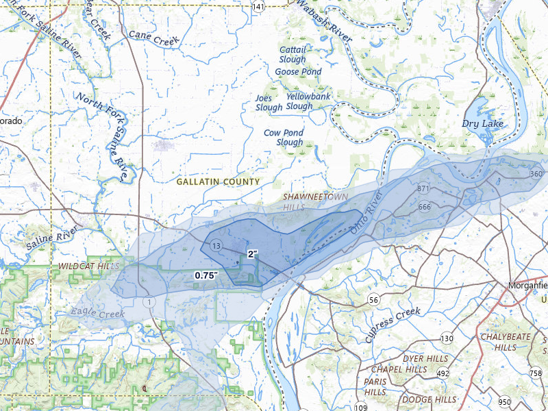 NEXRAD radar-signature map of the hail storm over Shawneetown, IL on May 18, 2026