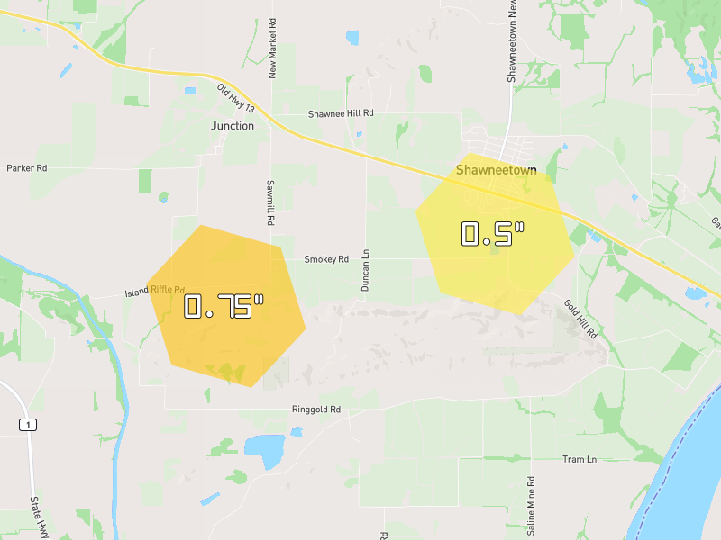 Hail map of Shawneetown, IL on Jun 27, 2026, hail up to 0.75"