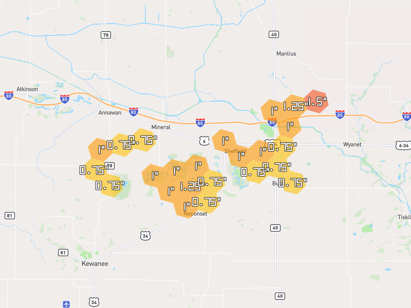 Hail map of Sheffield, IL on Jul 3, 2026, hail up to 1.5"