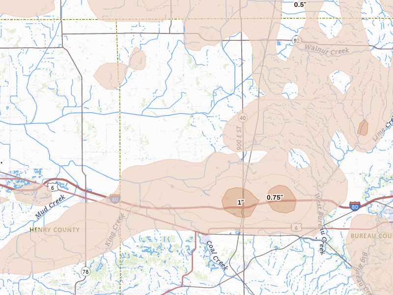 Radar-estimated hail-size map of the storm over Sheffield, IL on Aug 11, 2026