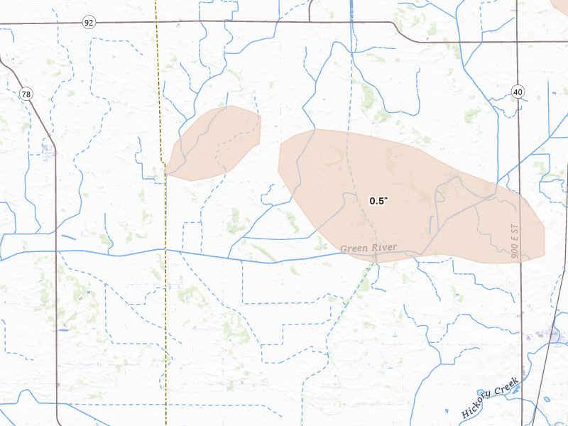 Radar-estimated hail-size map of the storm over Sheffield, IL on Aug 12, 2026