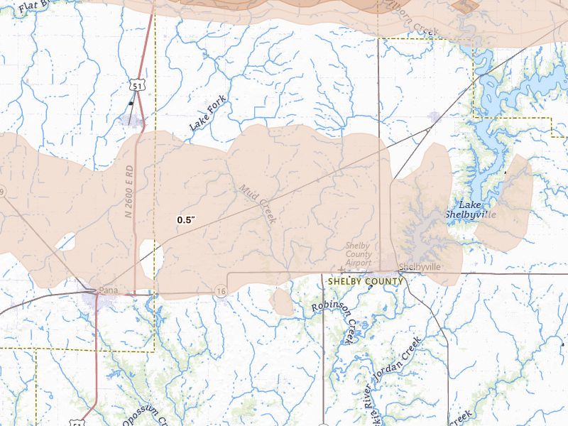 Radar-estimated hail-size map of the storm over Shelbyville, IL on Mar 26, 2026