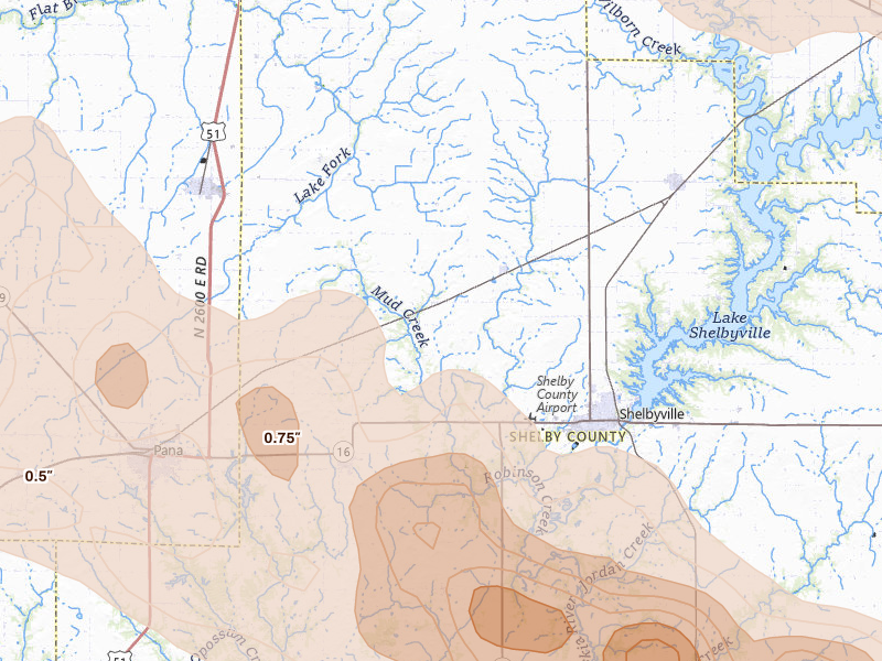 Radar-estimated hail-size map of the storm over Shelbyville, IL on Jun 17, 2026