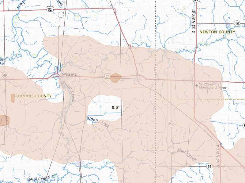 Radar-estimated hail-size map of the storm over Sheldon, IL on Aug 9, 2026