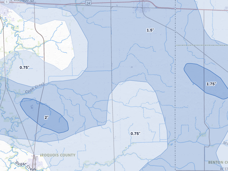 NEXRAD radar-signature map of the hail storm over Sheldon, IL on Aug 9, 2026
