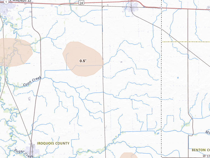 Radar-estimated hail-size map of the storm over Sheldon, IL on Aug 11, 2026