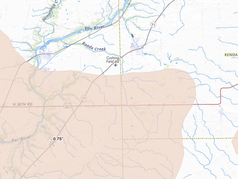 Radar-estimated hail-size map of the storm over Sheridan, IL on Aug 11, 2026
